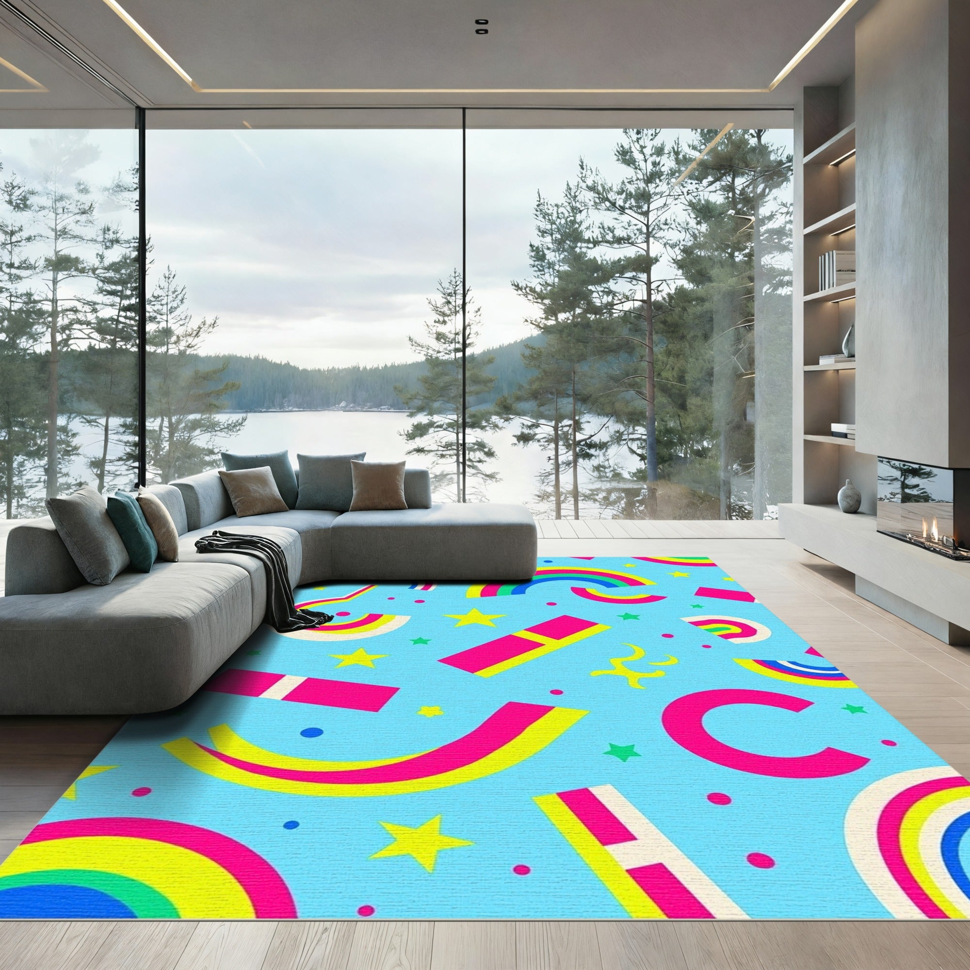 Vibrant Rainbow Star Burst Composition Rug