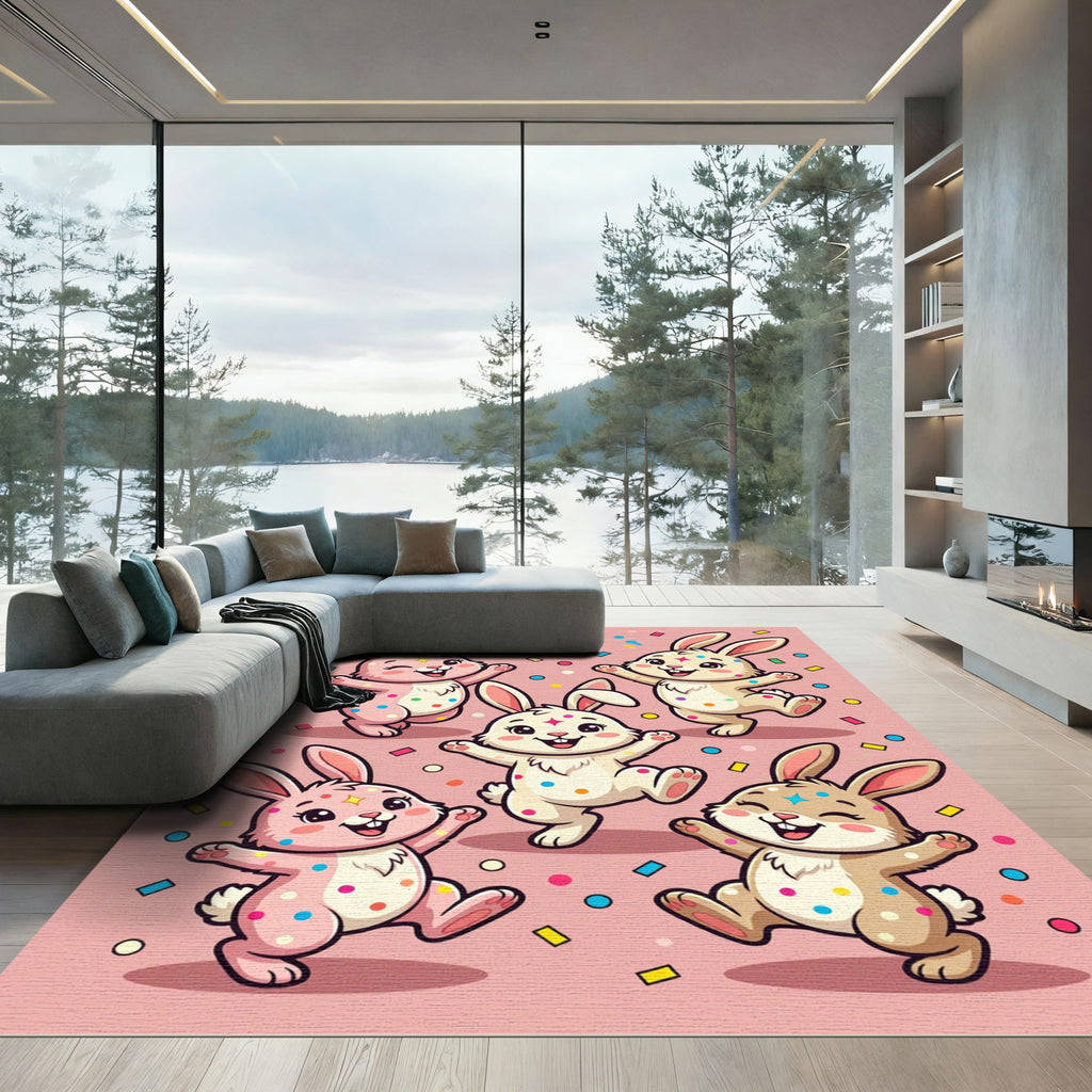 Whimsical Pink Confetti Easter Bunny Play Rug