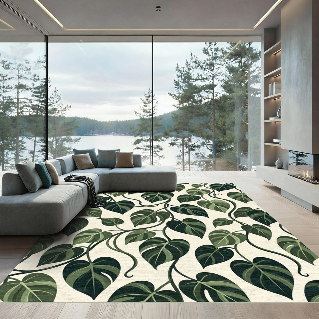 Lush Green Tropical Philodendron Foliage Rug