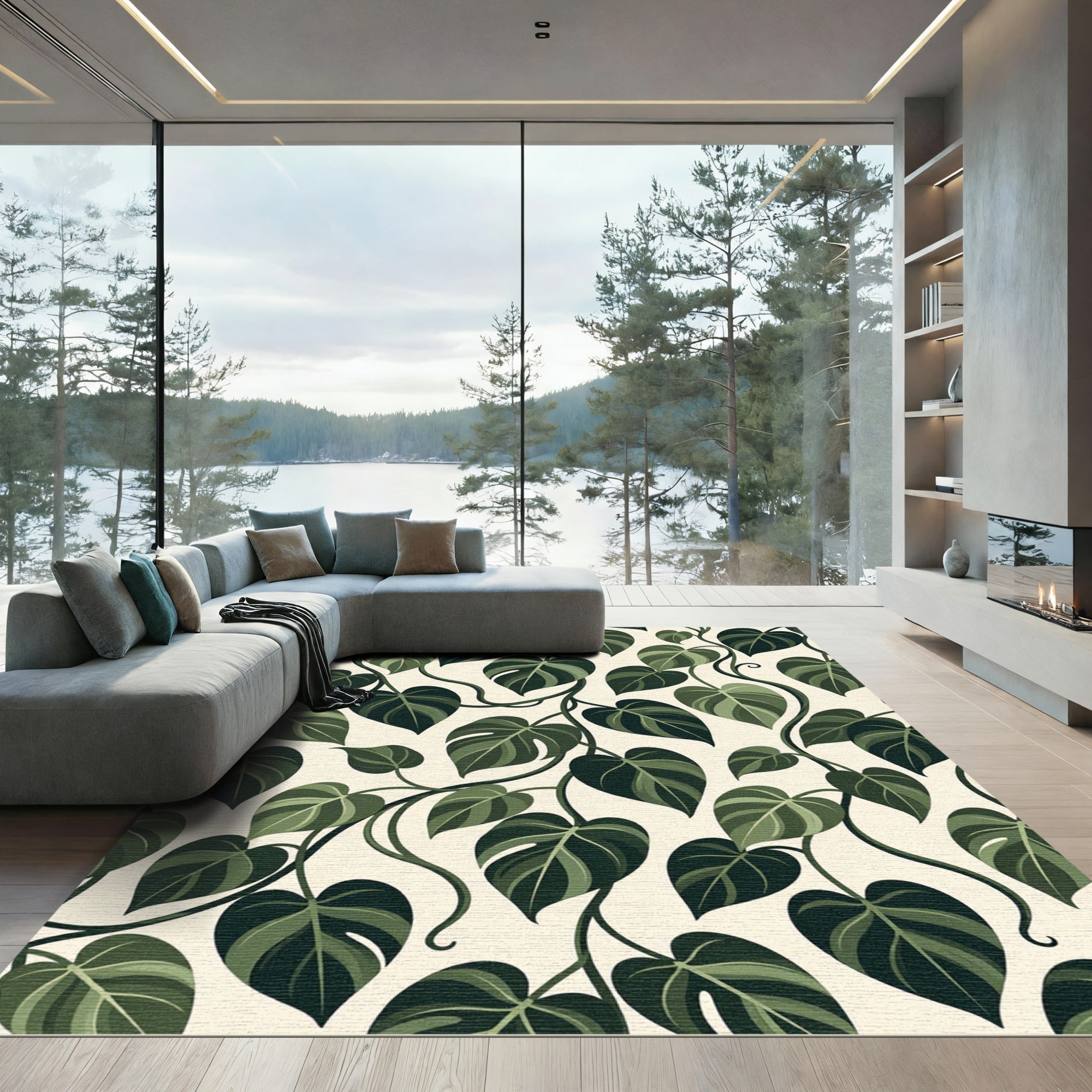 Lush Green Tropical Philodendron Foliage Rug