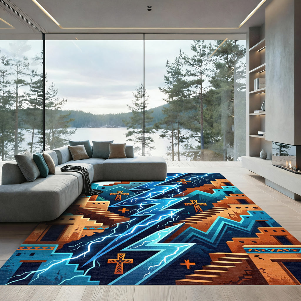 Vivid Blue Lightning Southwest Mesa Rug