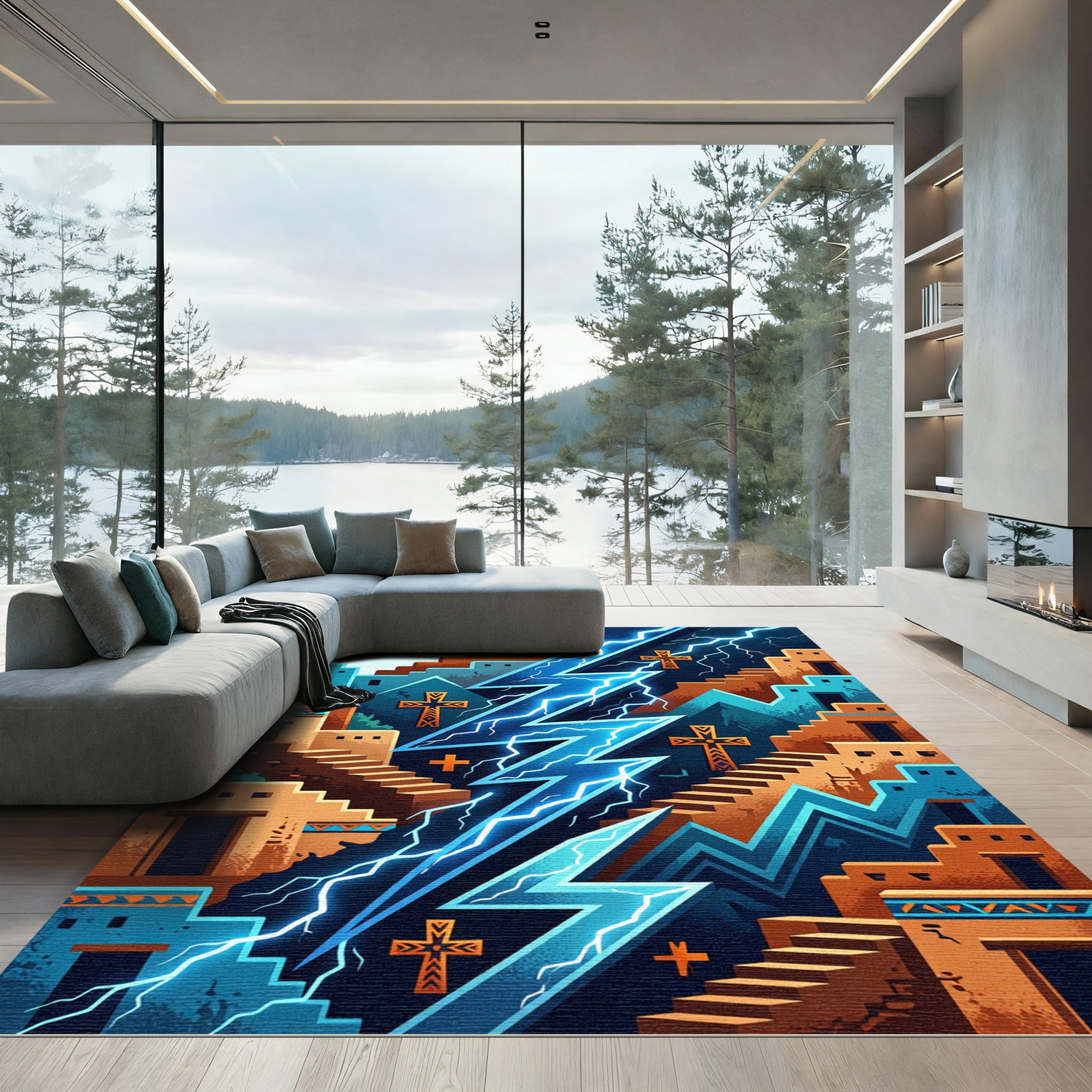 Vivid Blue Lightning Southwest Mesa Rug
