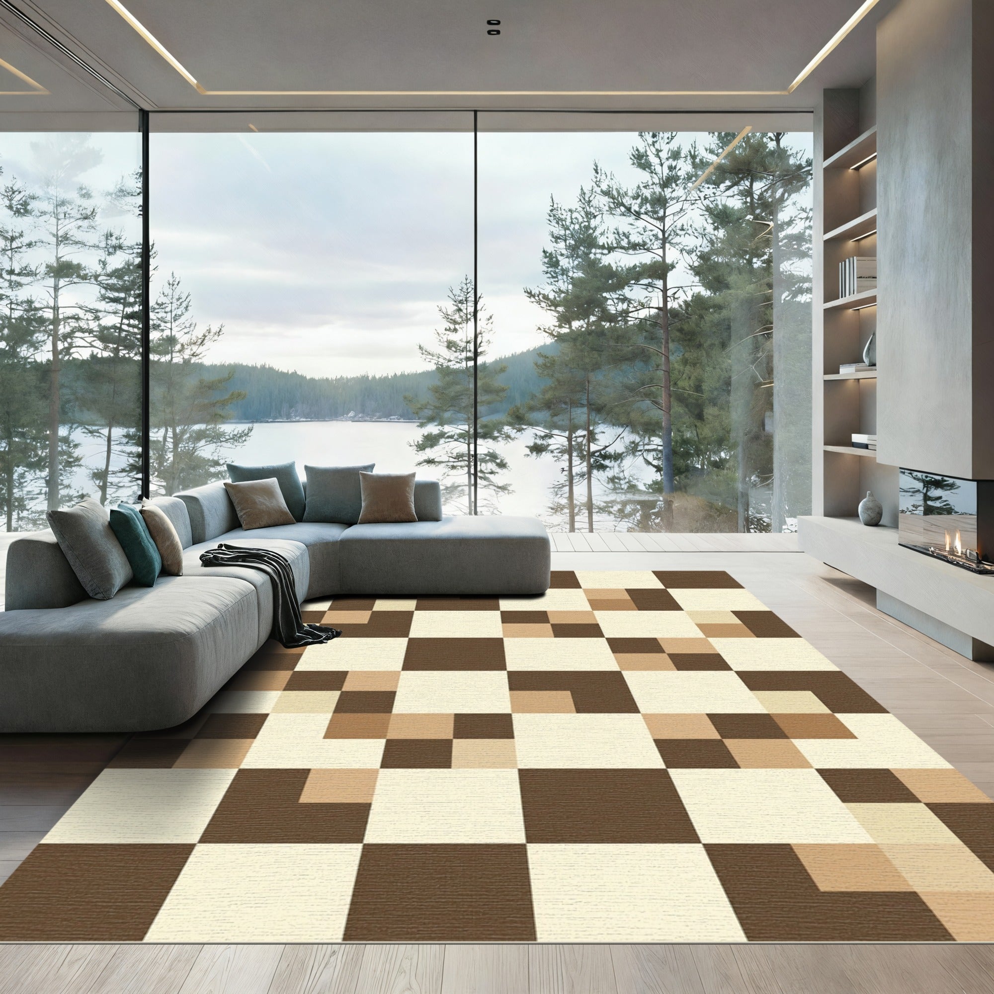 Earthy Neutral Block Mosaic Rug