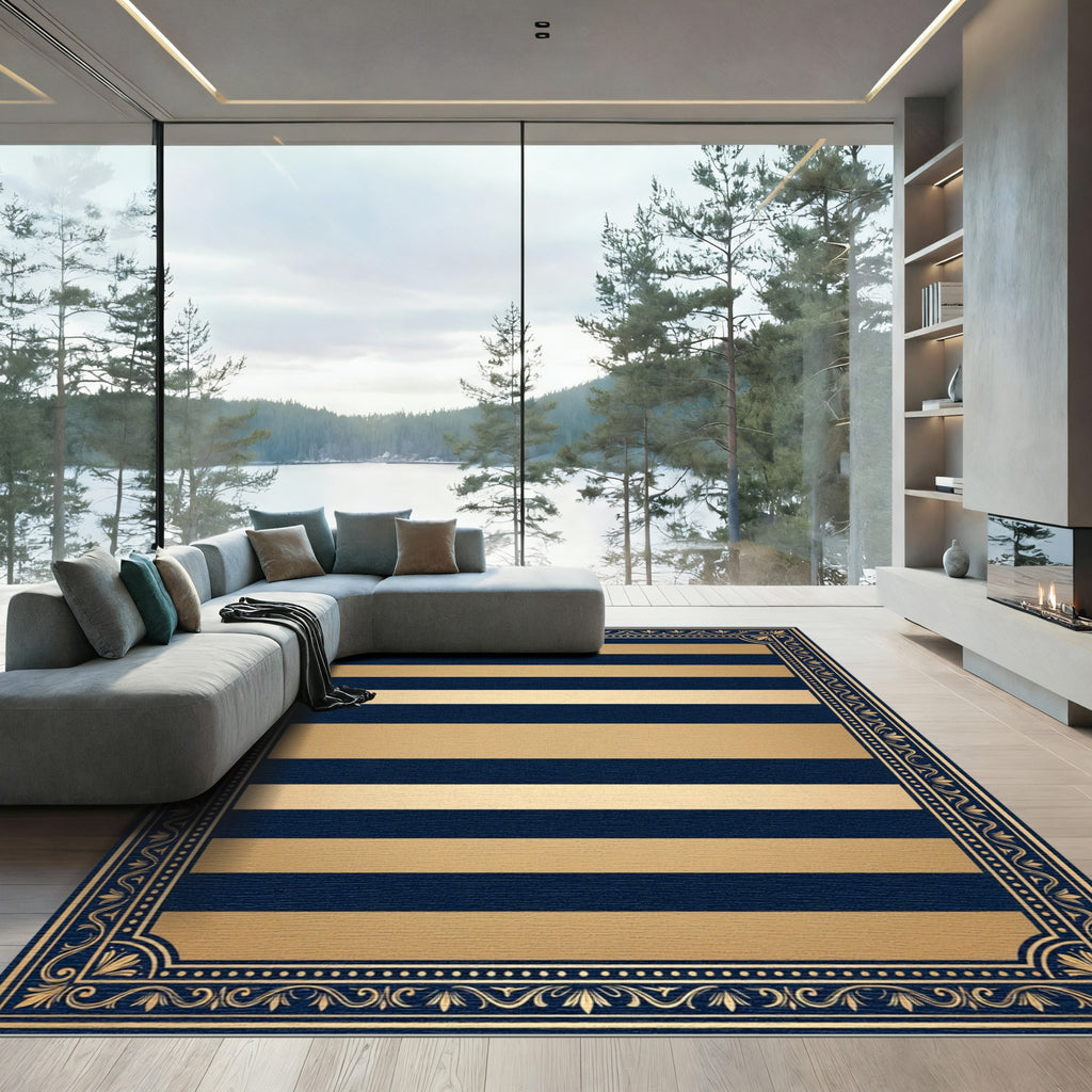 Bold Navy Gold Striped Ornate Frame Rug