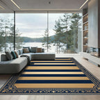 Bold Navy Gold Striped Ornate Frame Rug