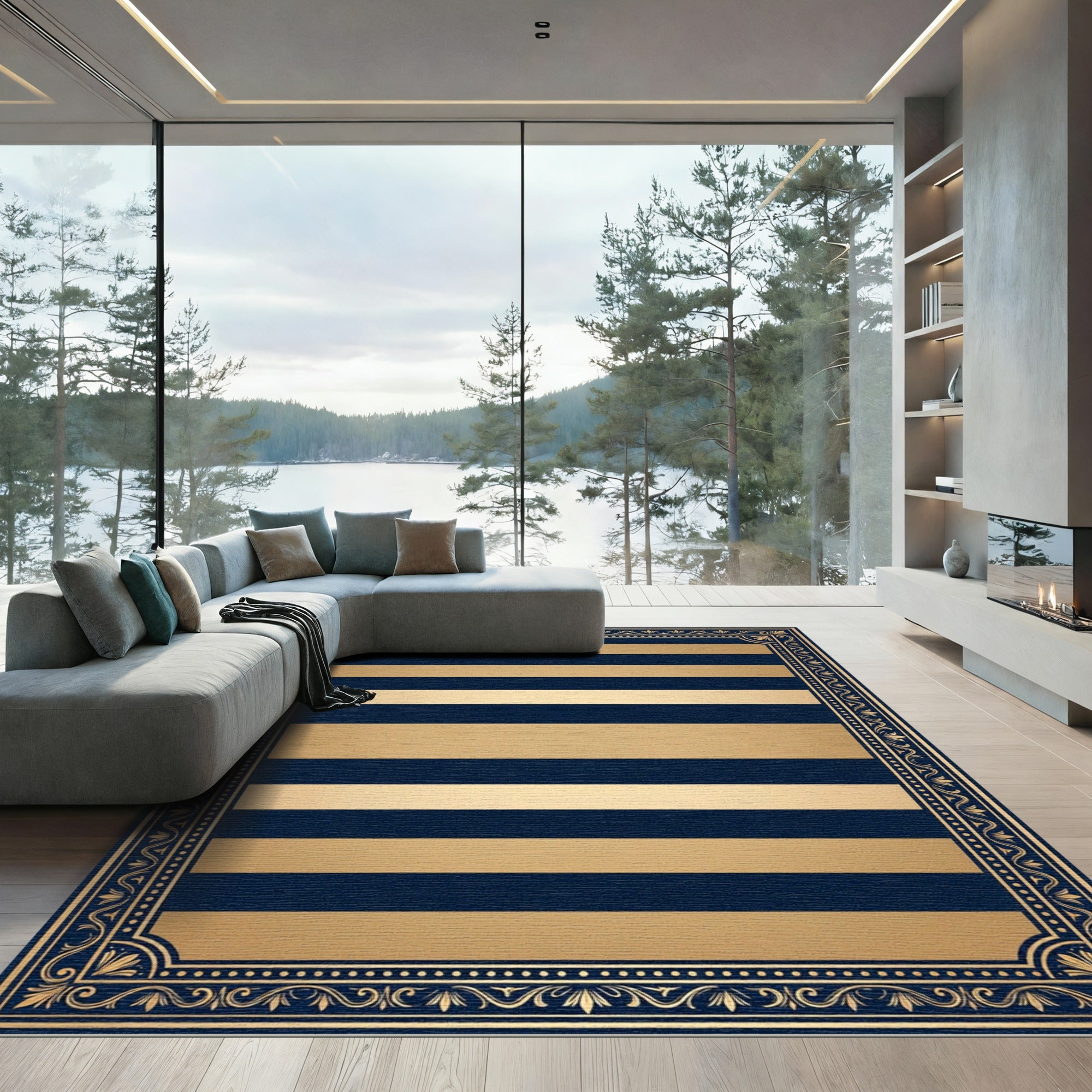 Bold Navy Gold Striped Ornate Frame Rug