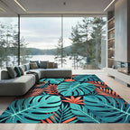 Tropical Teal And Coral Botanical Foliage Rug