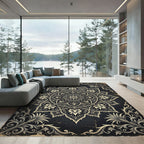 Ornate Charcoal Gold Floral Mandala Rug