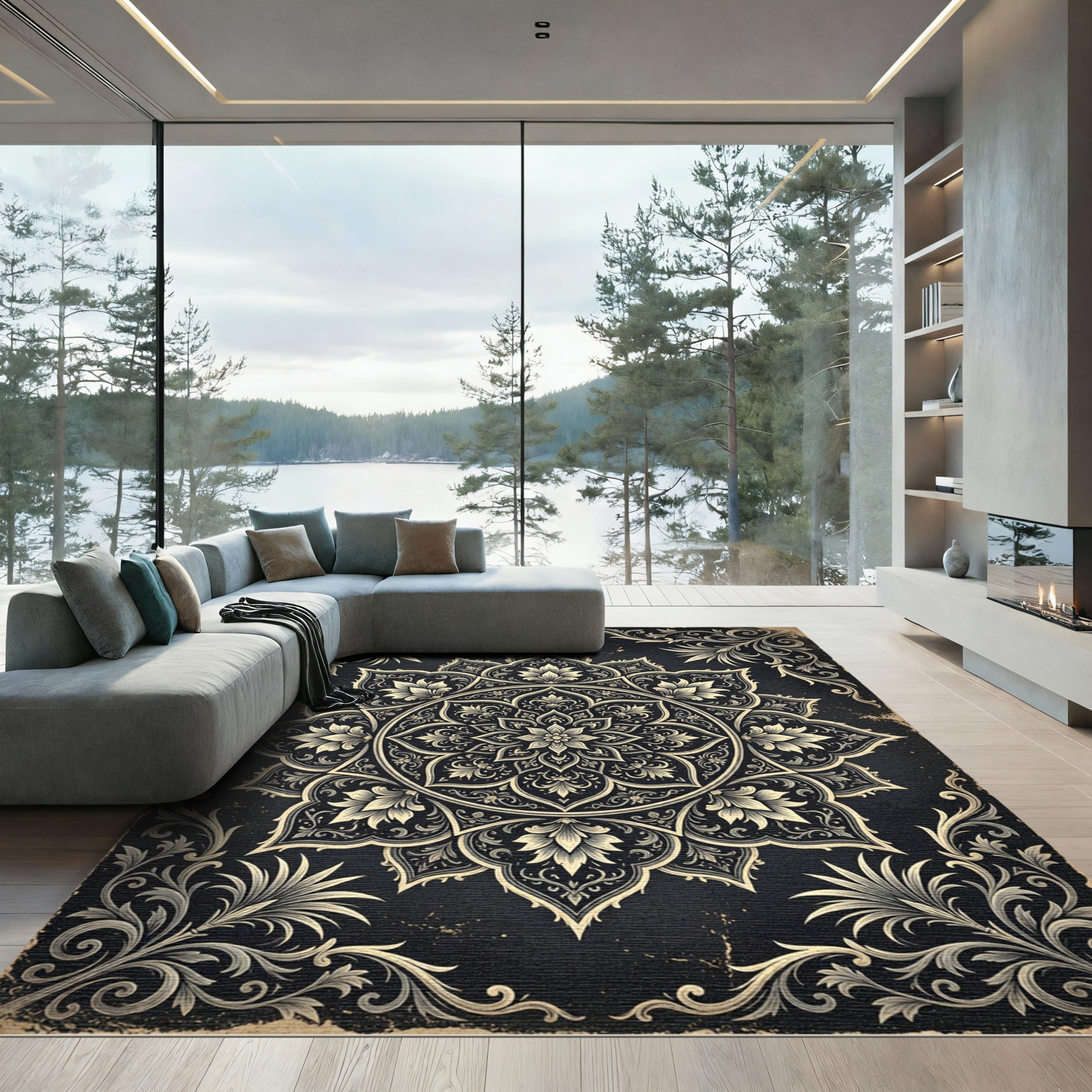 Ornate Charcoal Gold Floral Mandala Rug