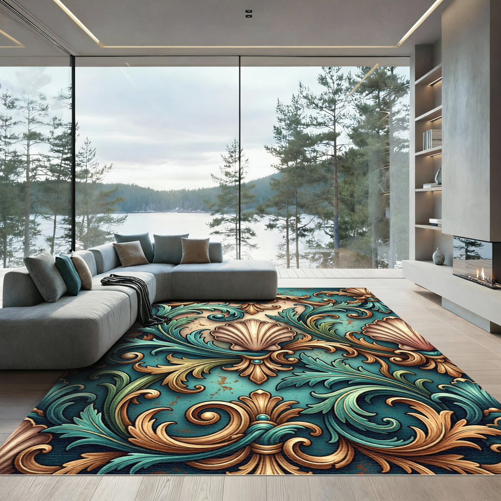 Ornate Teal Golden Acanthus Scroll Rug
