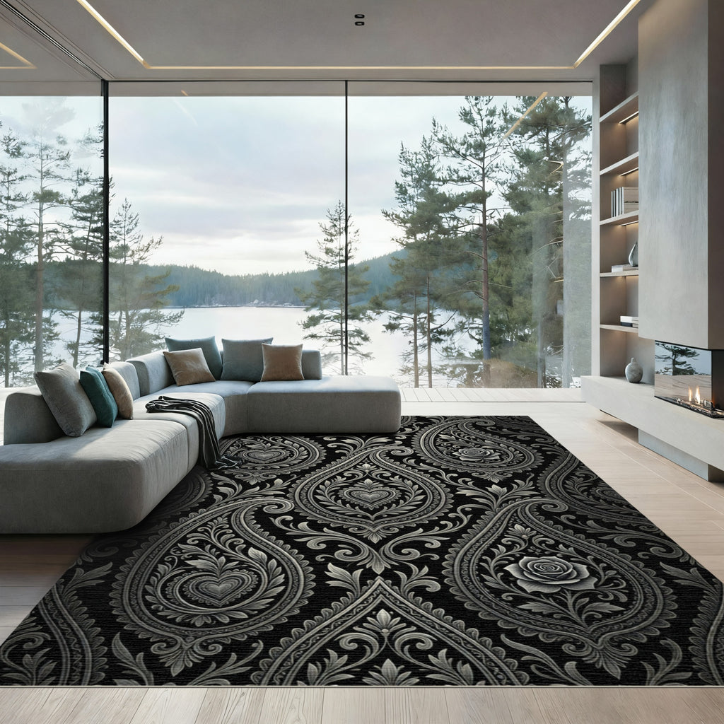 Ornate Silver Paisley Heart Rose Rug