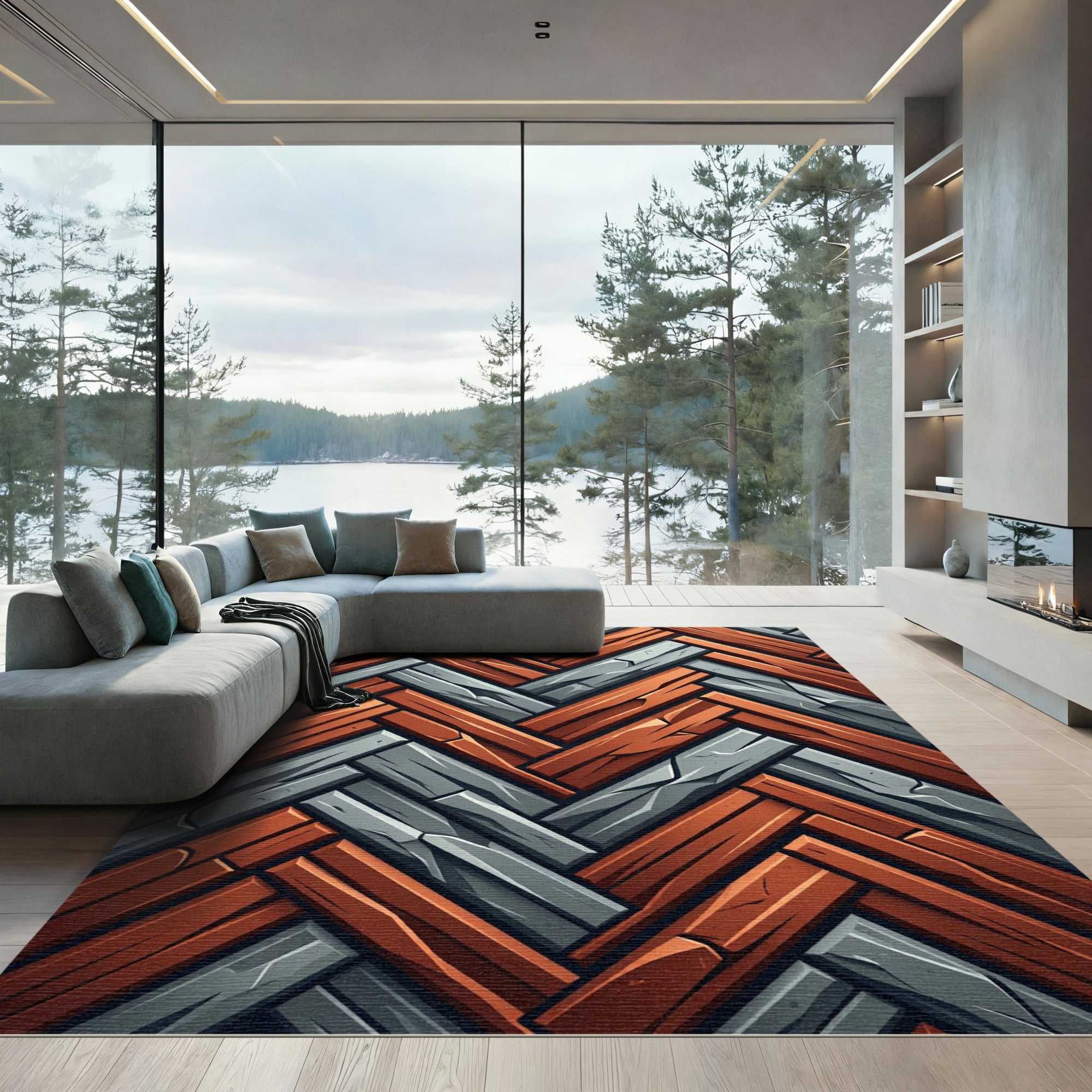 Rustic Wood Stone Herringbone Interlock Rug
