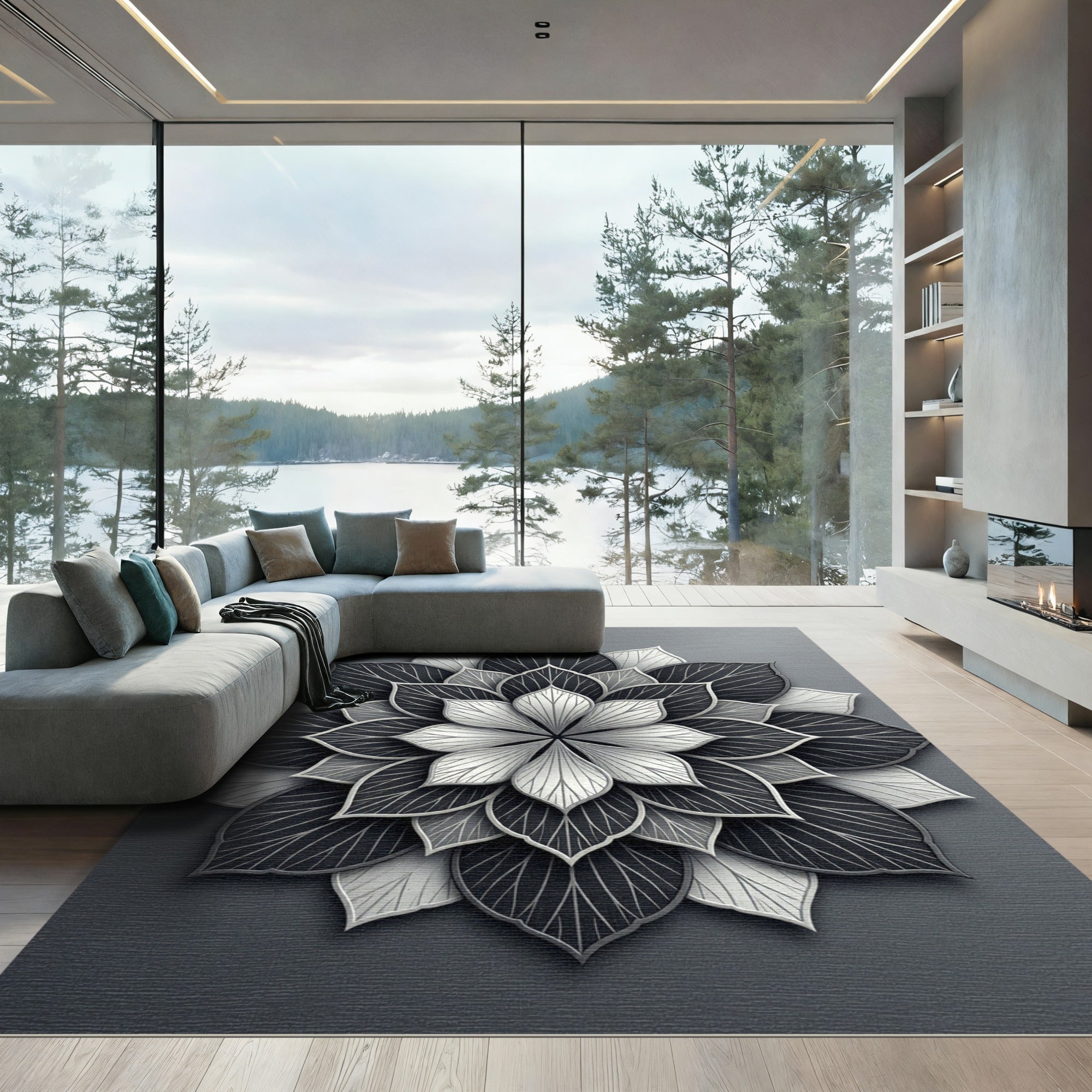 Monochromatic Gray Layered Petal Mandala Rug
