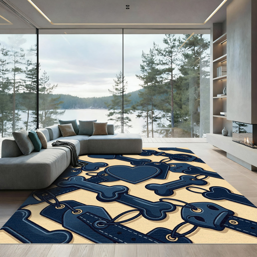 Navy Blue Bone and Heart Illustration Rug