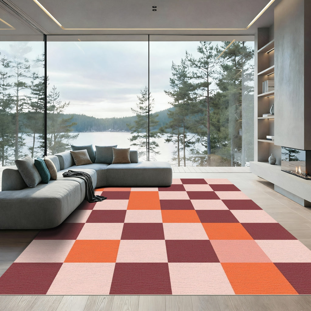 Terracotta Peach Checkerboard Square Rug