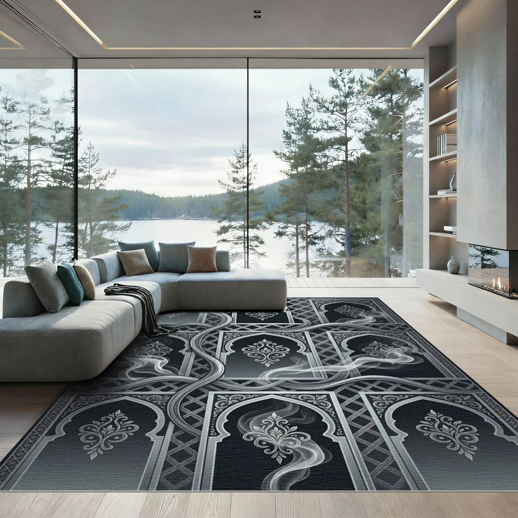 Ornate Dark Gray Archway Smoke Rug