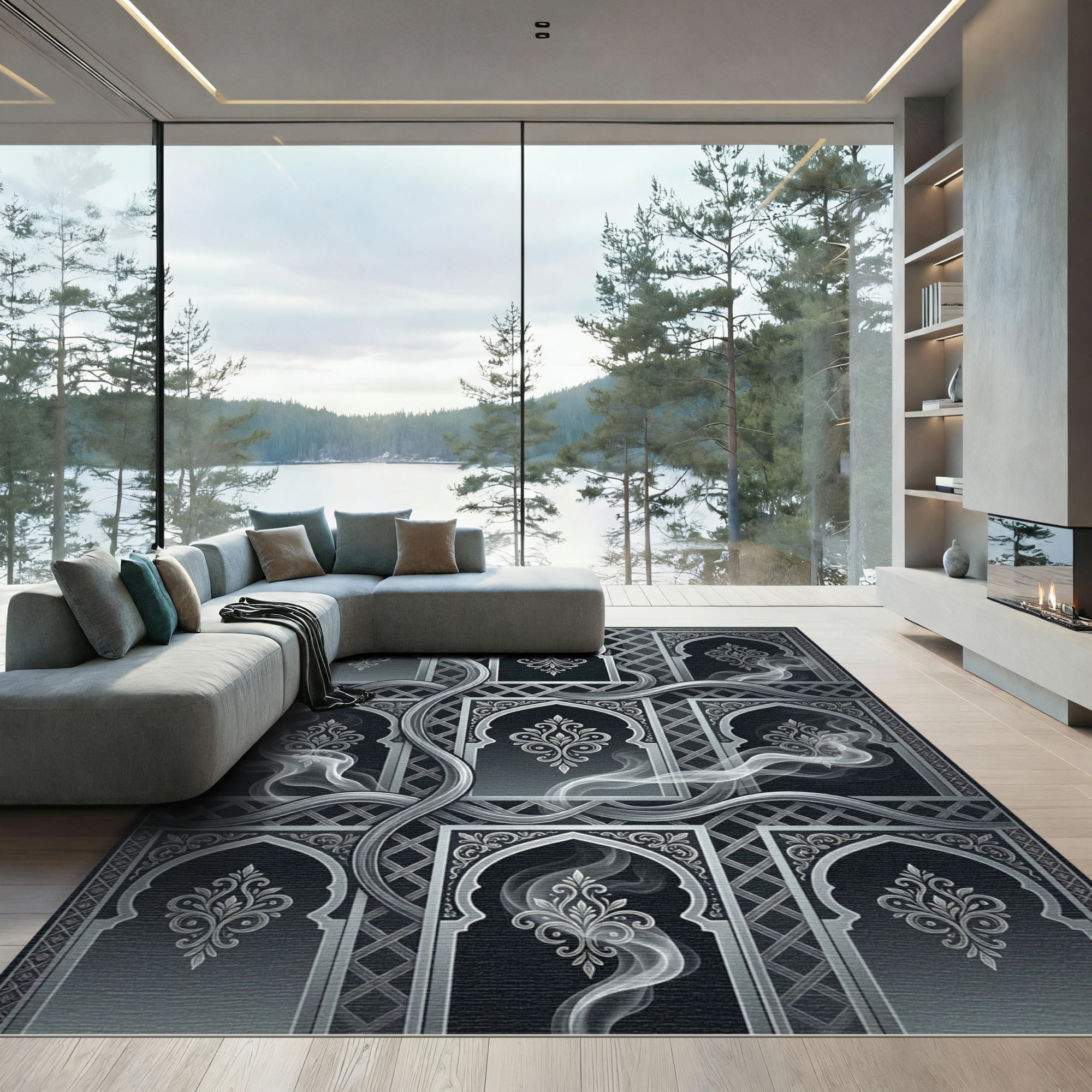 Ornate Dark Gray Archway Smoke Rug