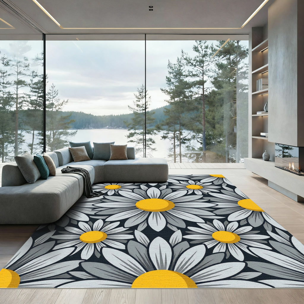 Yellow and Gray Daisy Flower Bloom Rug