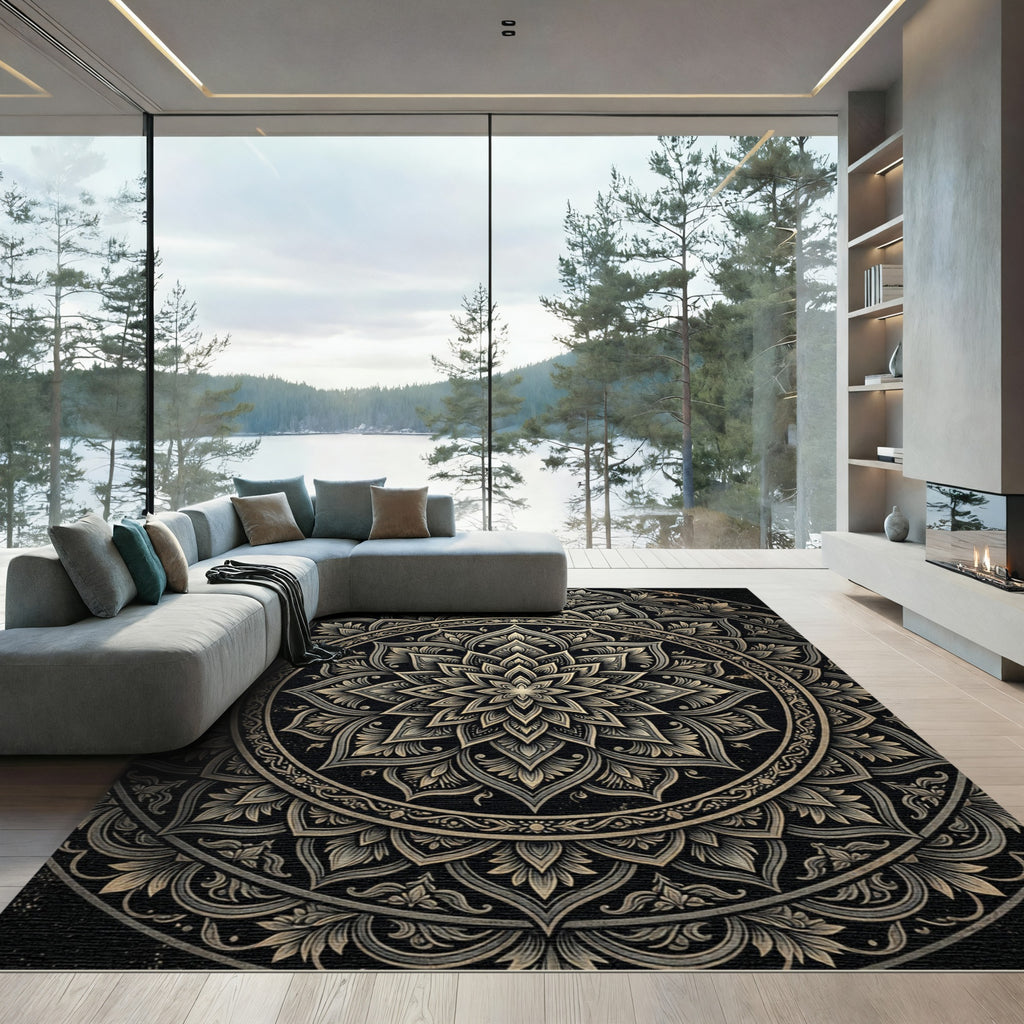 Intricate Golden Black Mandala Floral Rug