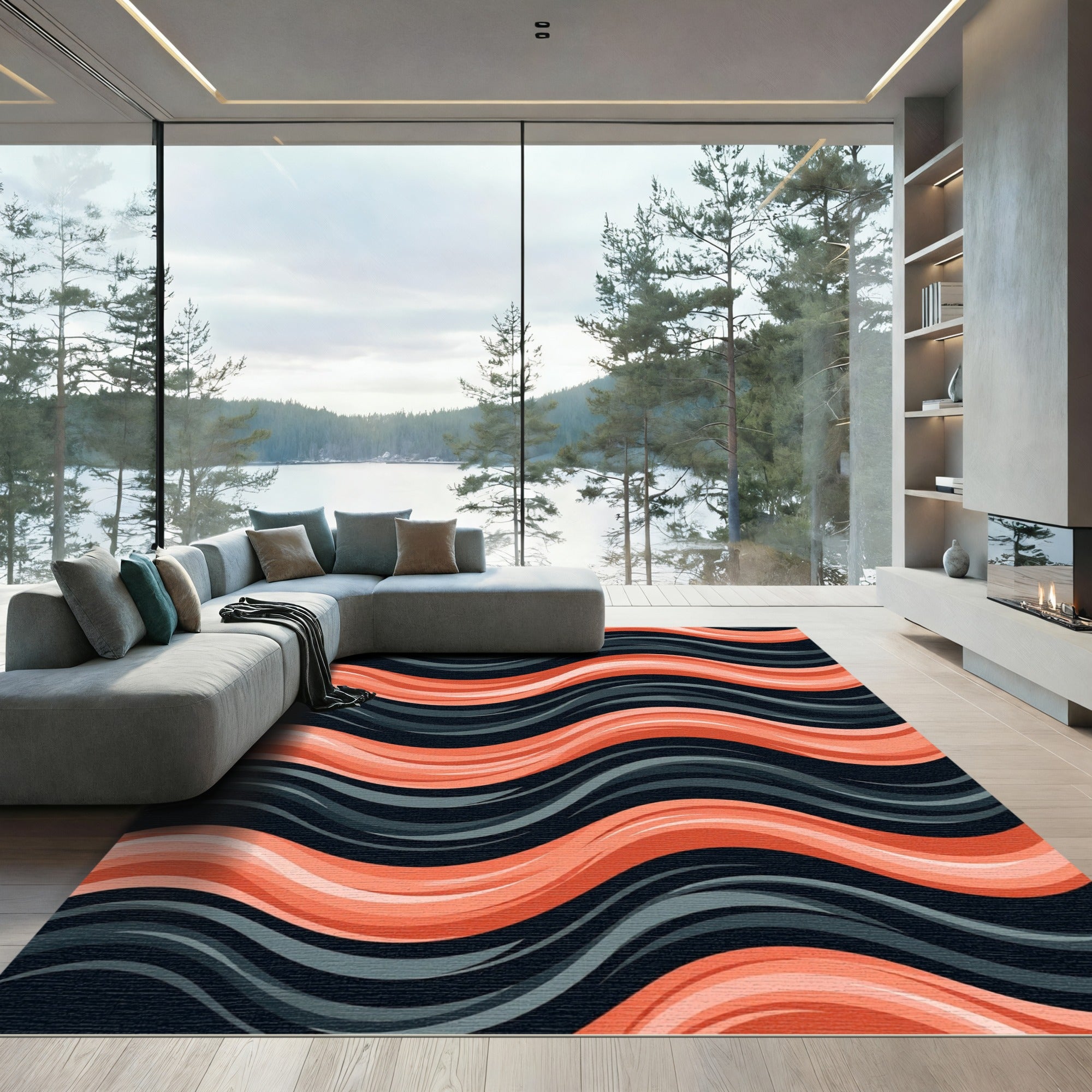 Modern Coral and Charcoal Wavy Stripe Rug