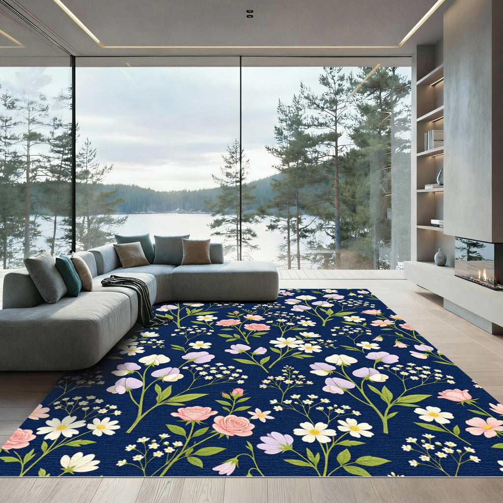 Pink White Floral Sprig Navy Rug