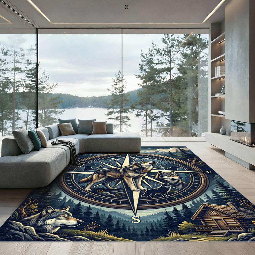 Howling Wolf Compass Mountain Art Rug