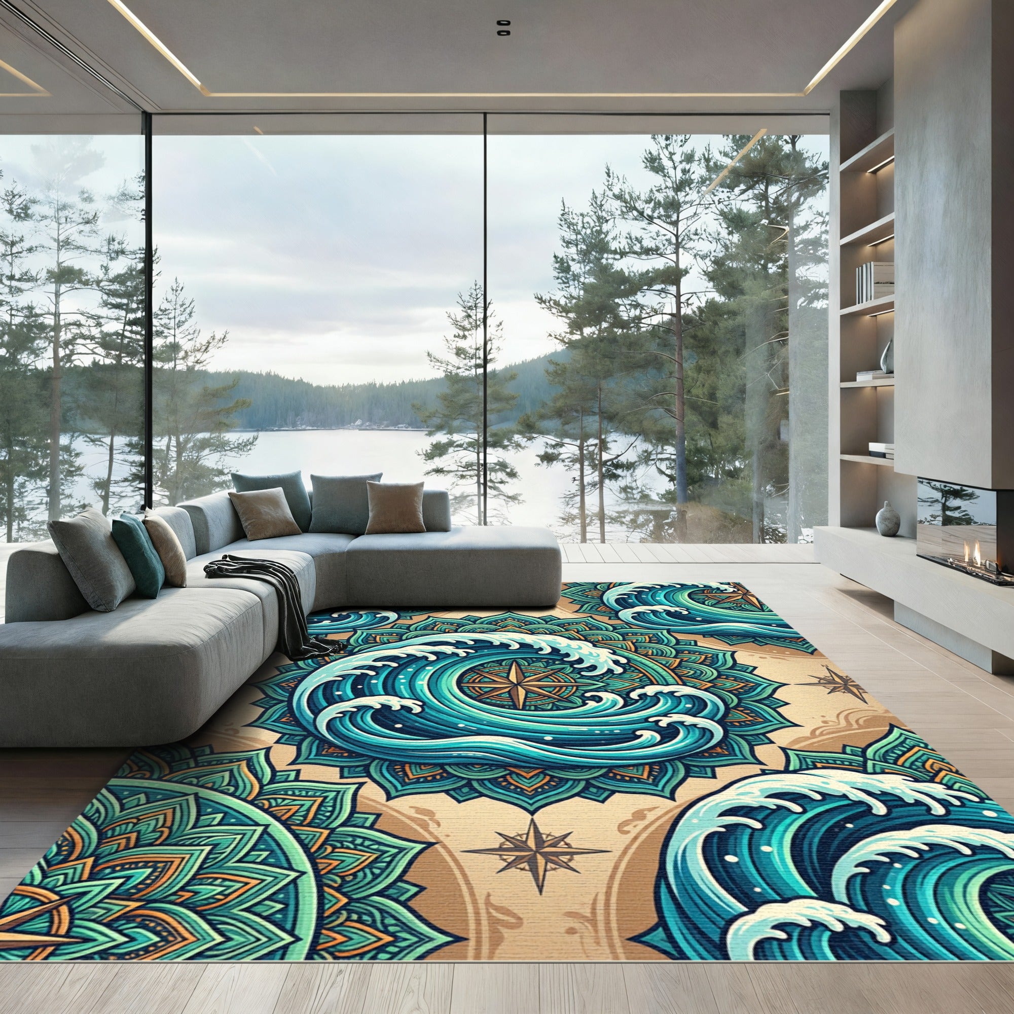 Teal Oceanic Mandala Compass Wave Illustration Rug