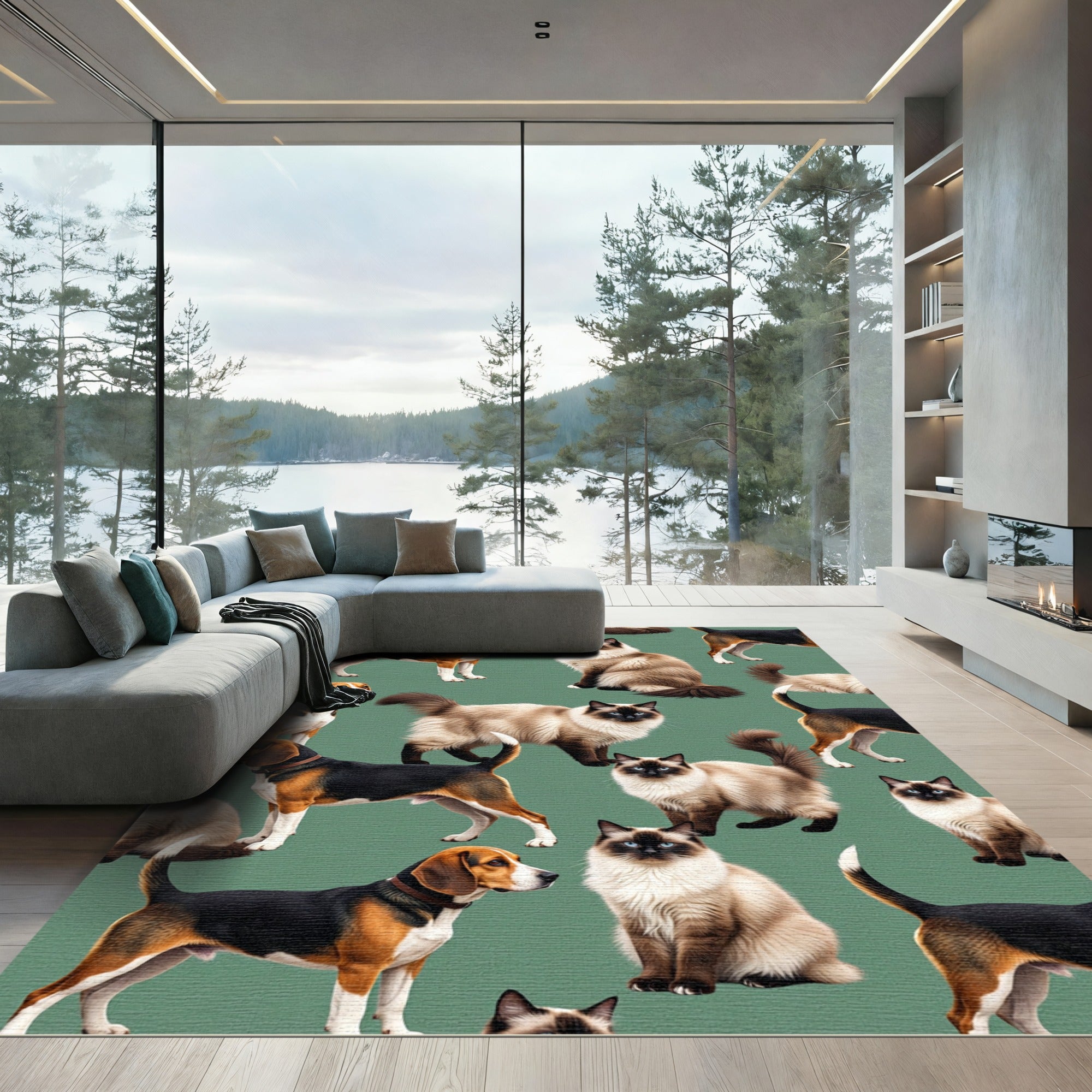 Cute Beagle and Ragdoll Cat Sage Rug