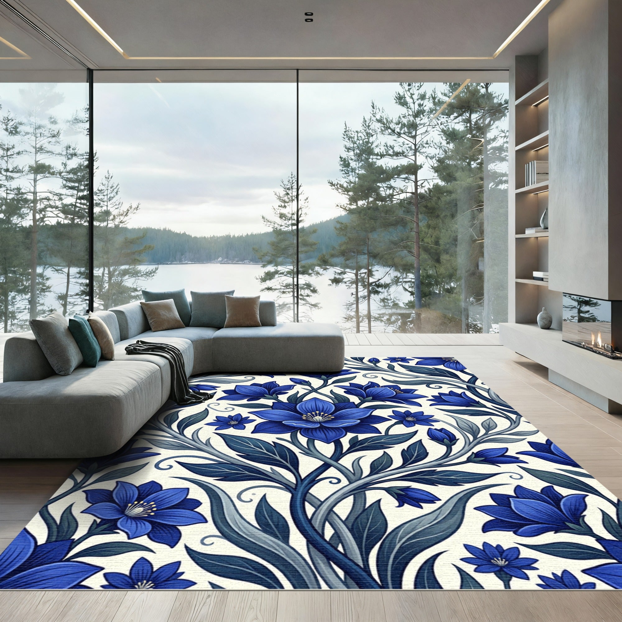 Deep Blue Floral Vine Arrangement Rug