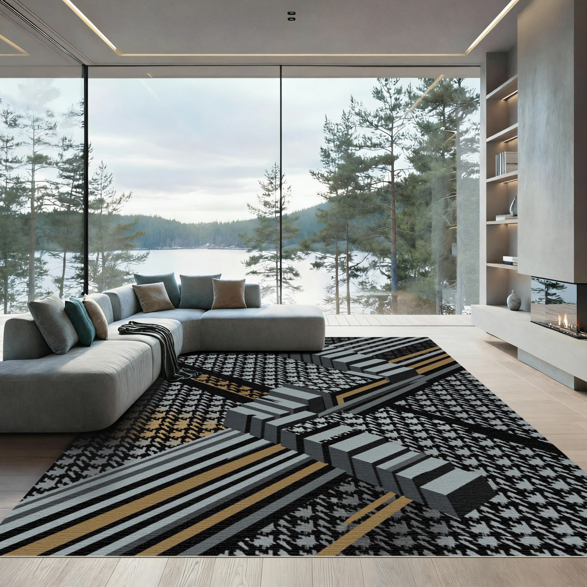 Houndstooth Geometric Abstract Gray Gold Rug