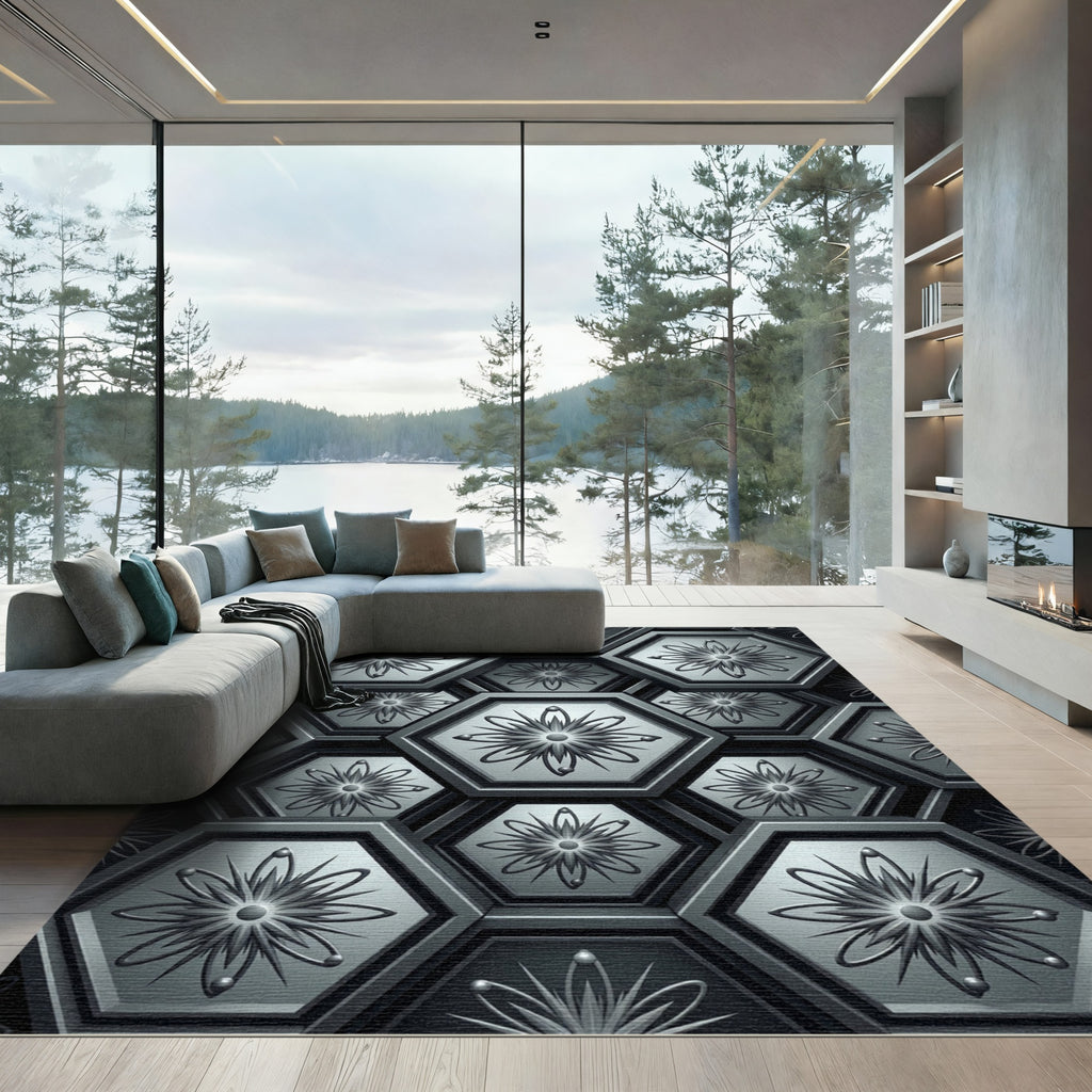 Gray Hexagonal Floral Embossed Rug
