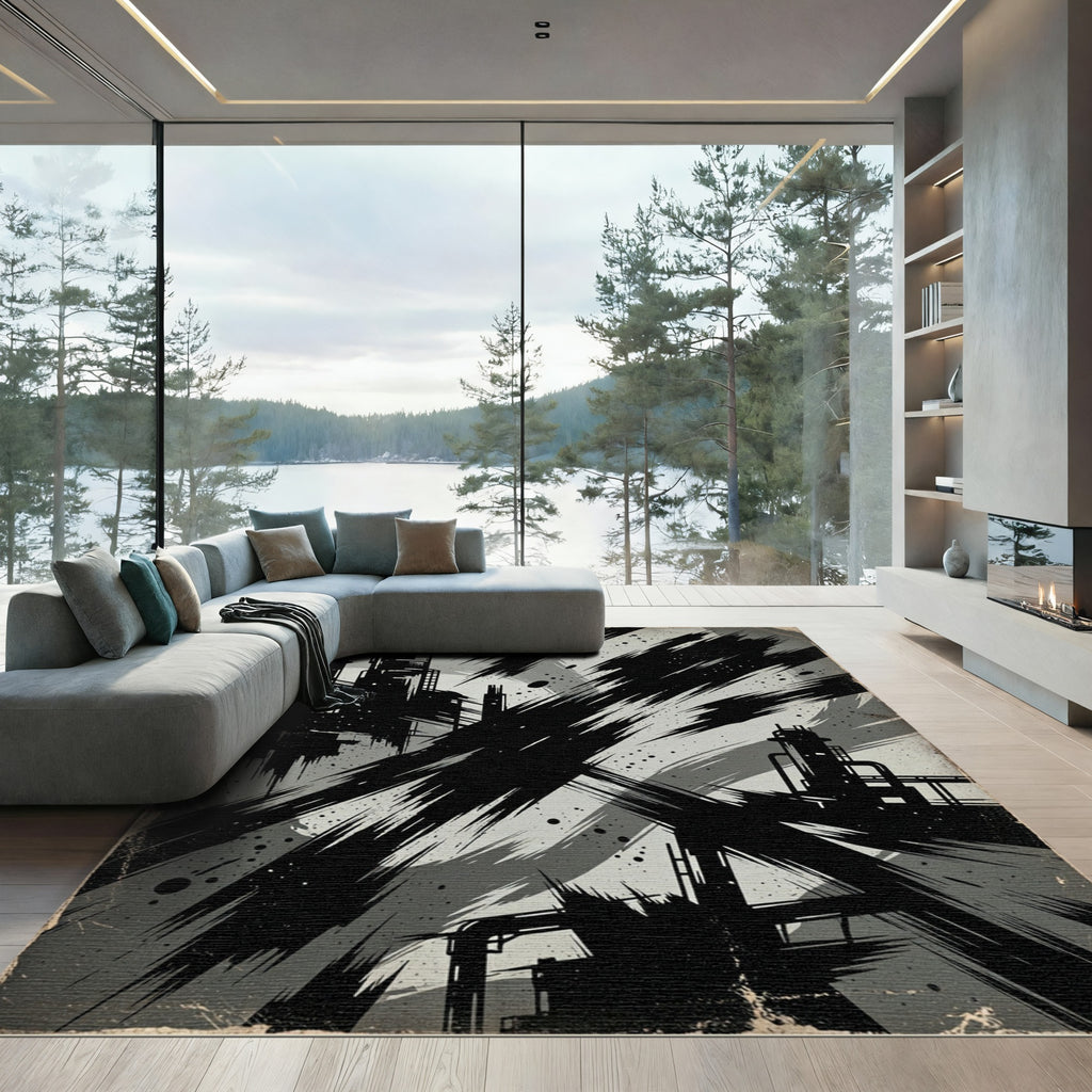 Industrial Monochrome Abstract Brush Stroke Art Rug