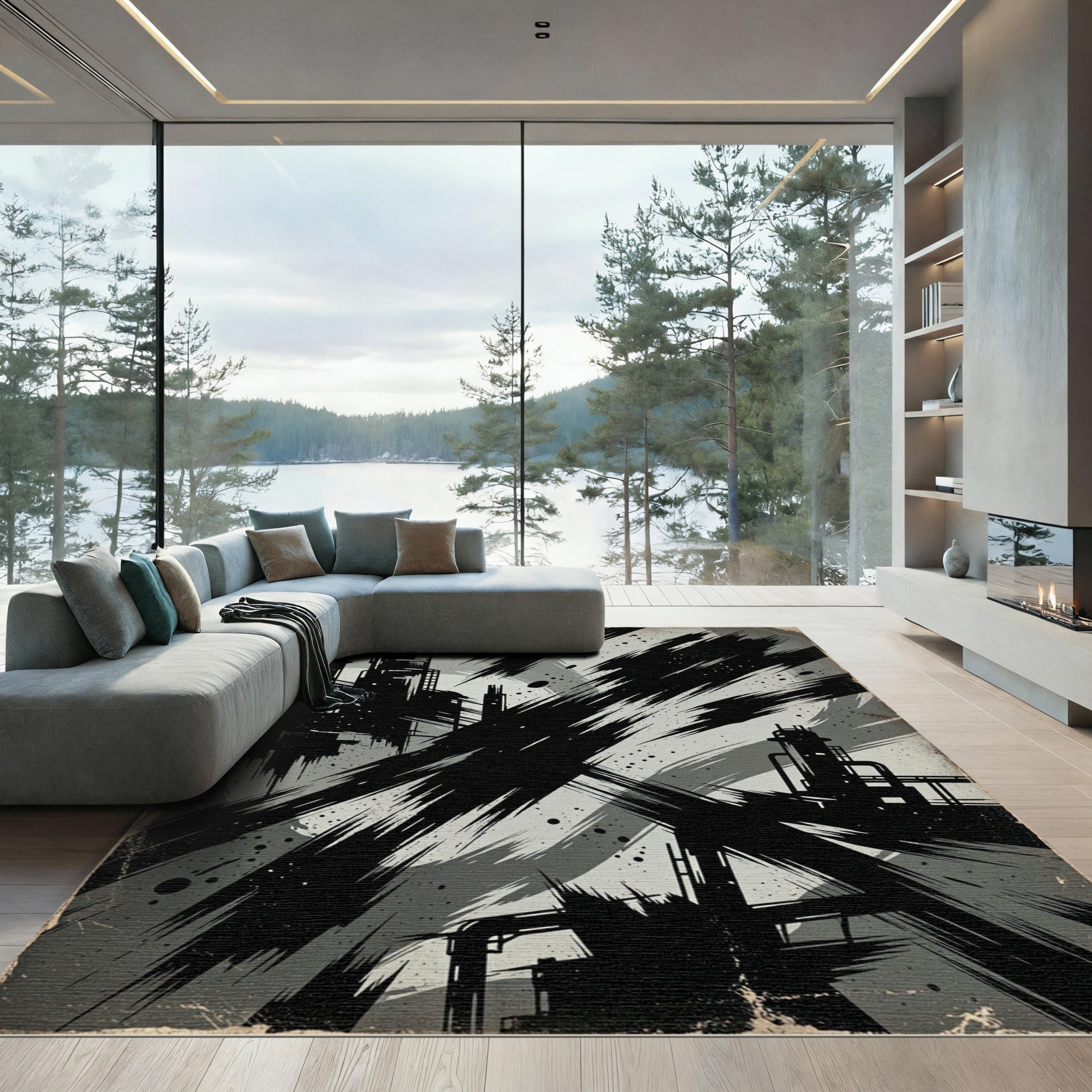 Industrial Monochrome Abstract Brush Stroke Art Rug