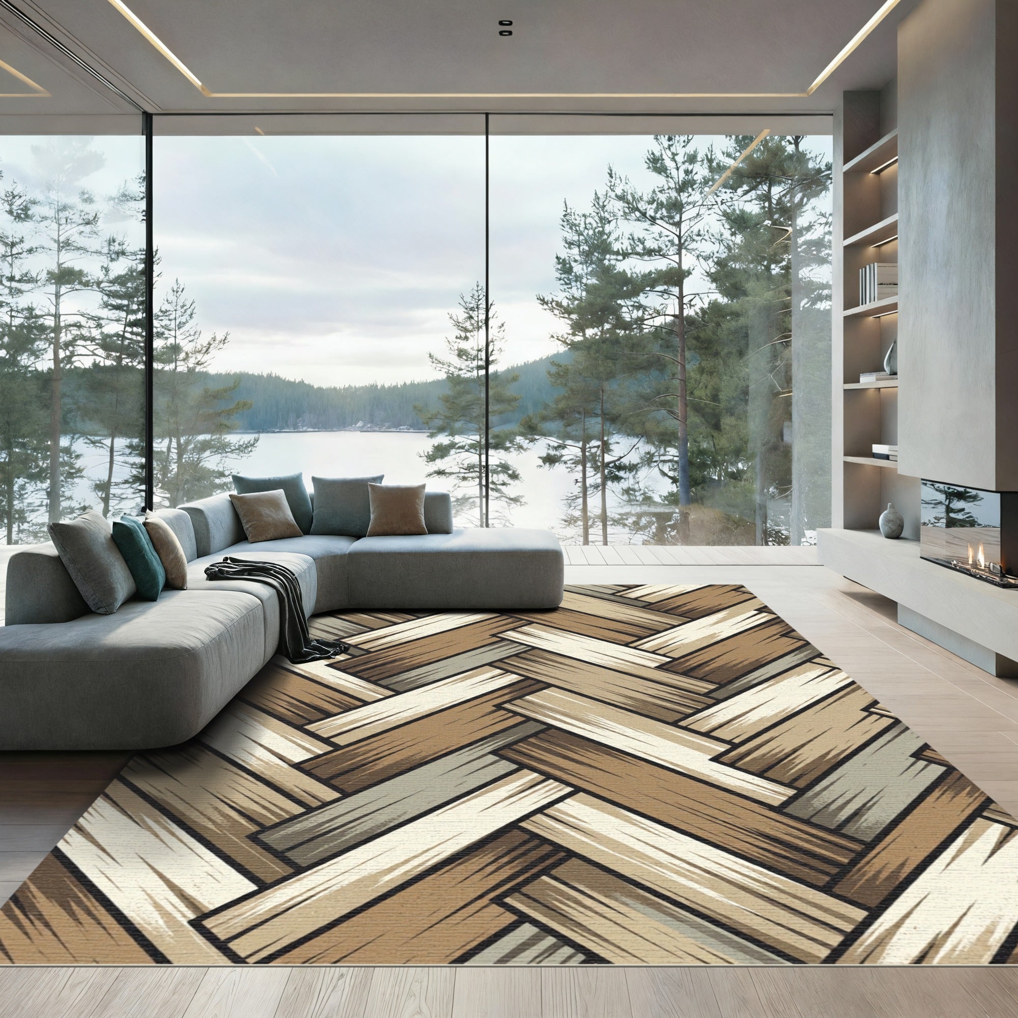 Neutral Earthy Tone Herringbone Weave Rug