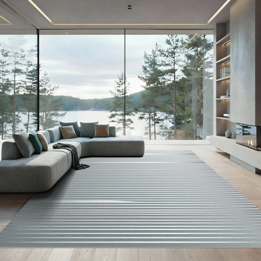 Minimalist Metallic Silver Horizontal Striped Rug