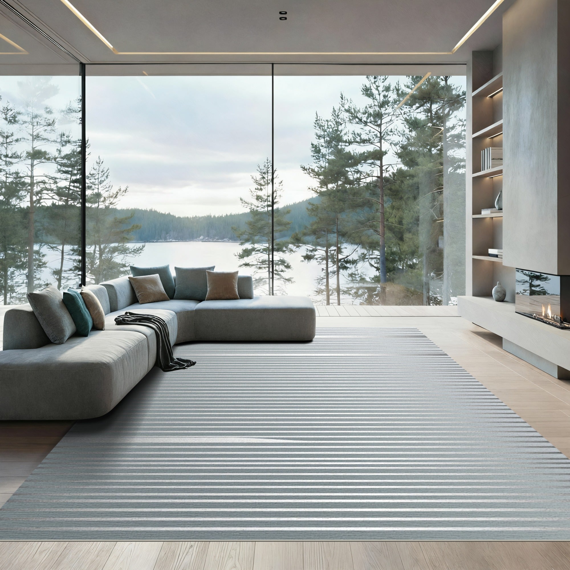 Minimalist Metallic Silver Horizontal Striped Rug