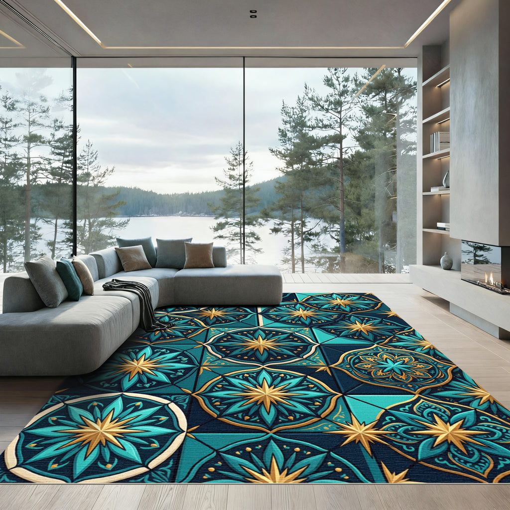 Teal and Gold Starry Medallion Tapestry Rug