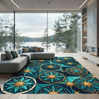 Teal and Gold Starry Medallion Tapestry Rug