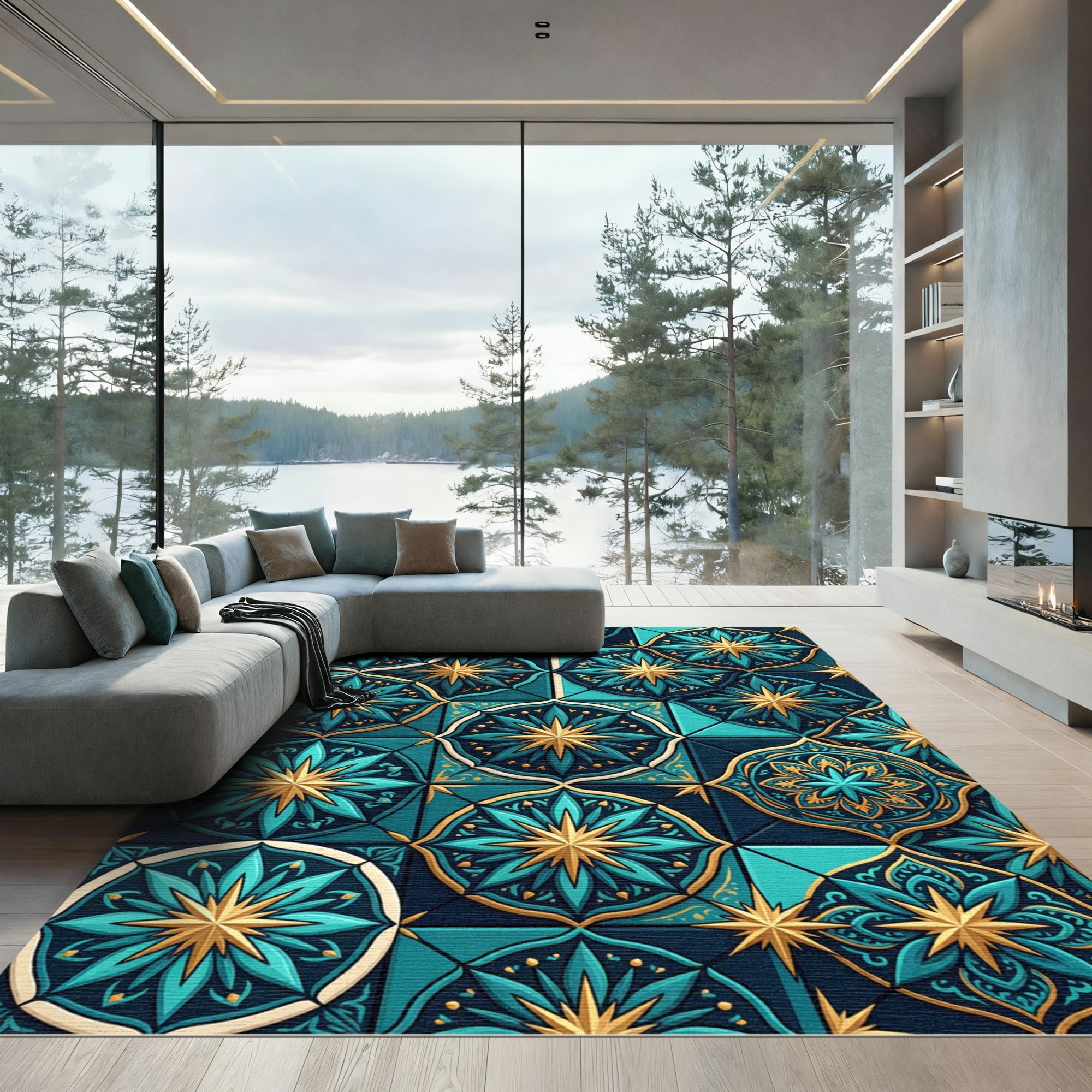 Teal and Gold Starry Medallion Tapestry Rug