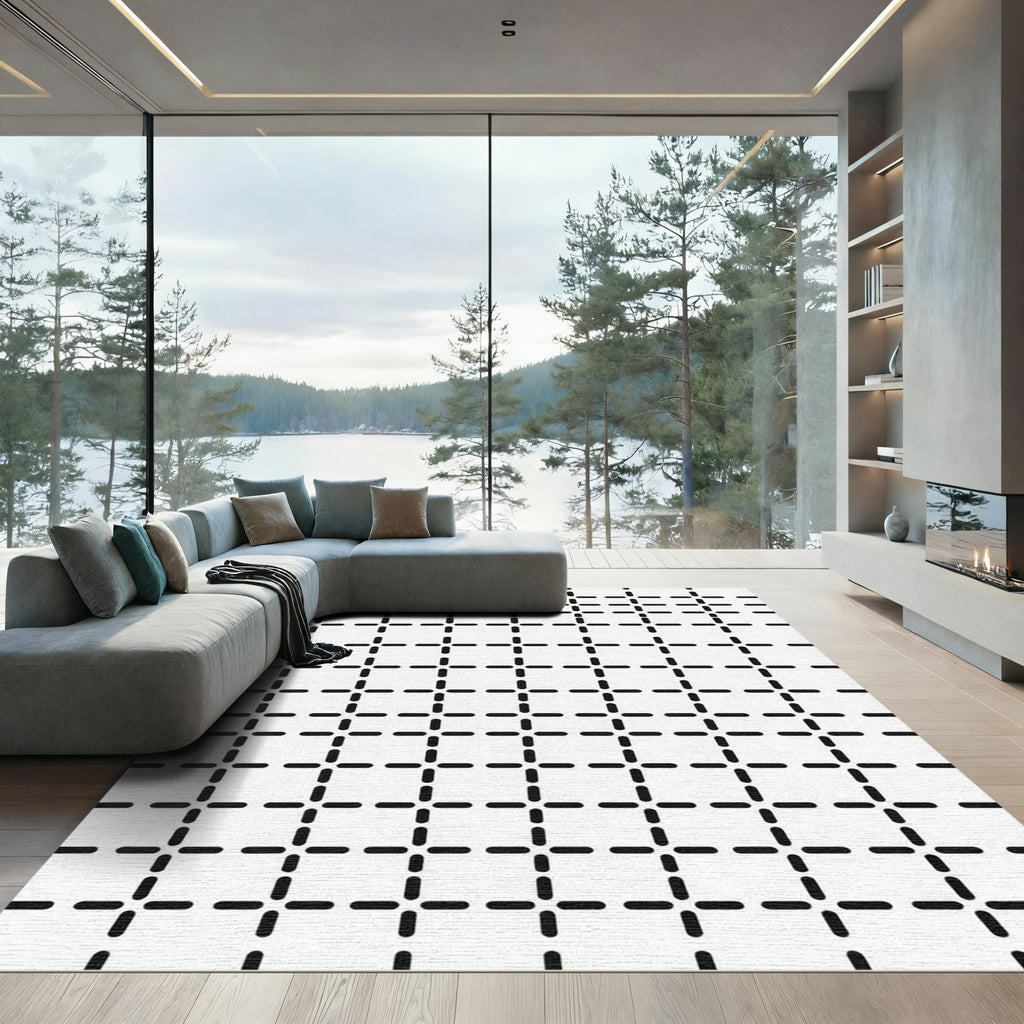 Black White Geometric Dash Grid Rug