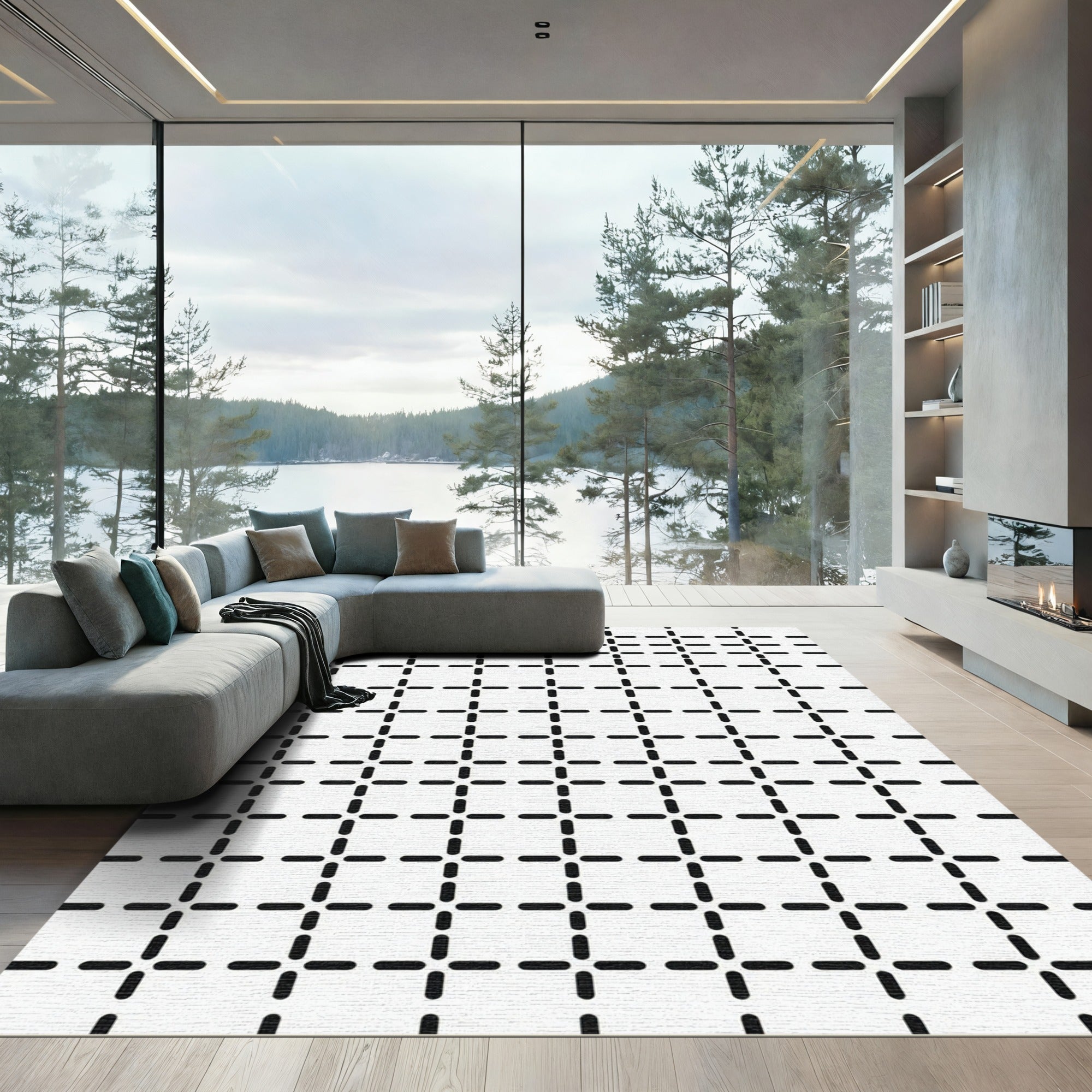 Black White Geometric Dash Grid Rug