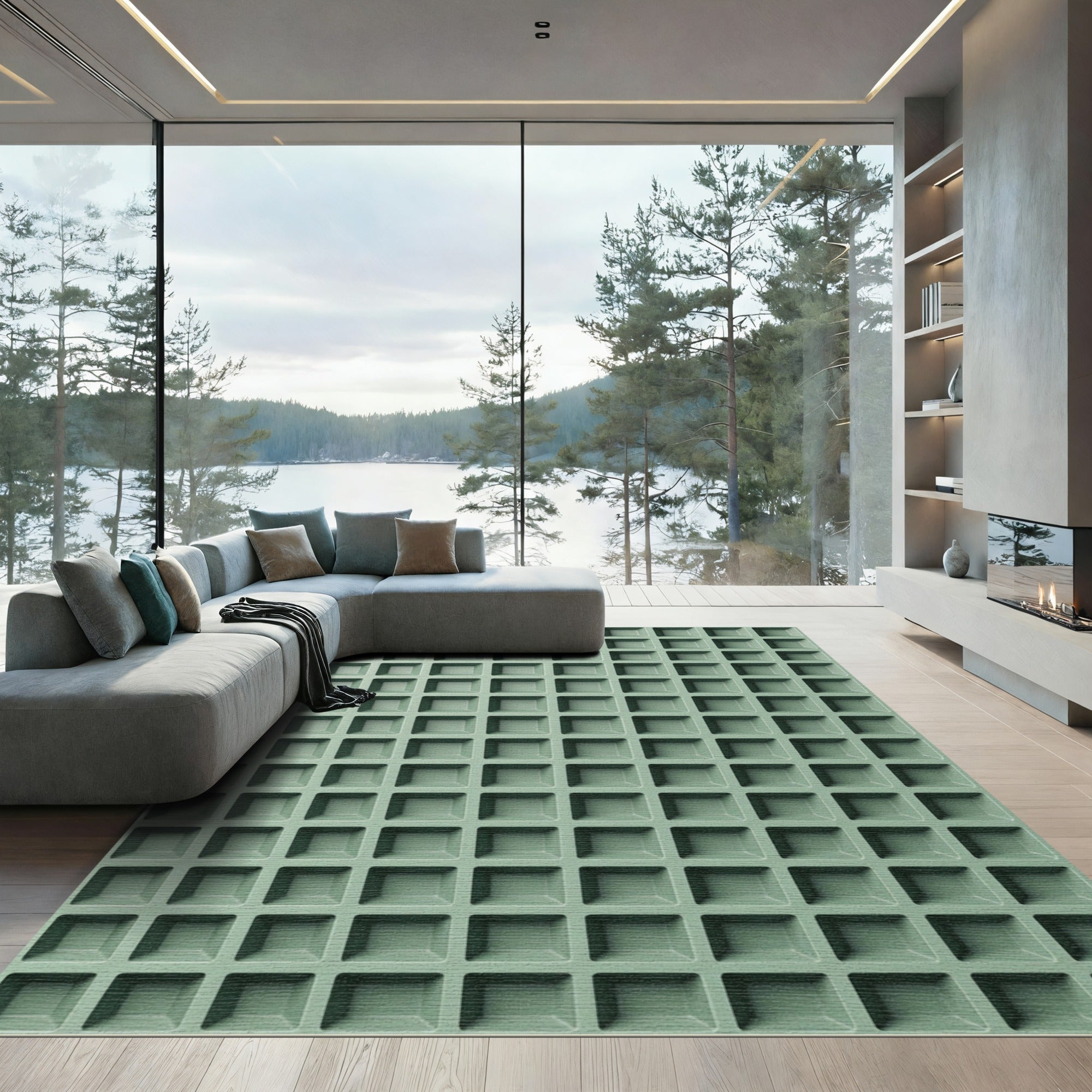 Minimalist Sage Green Grid Square Rug