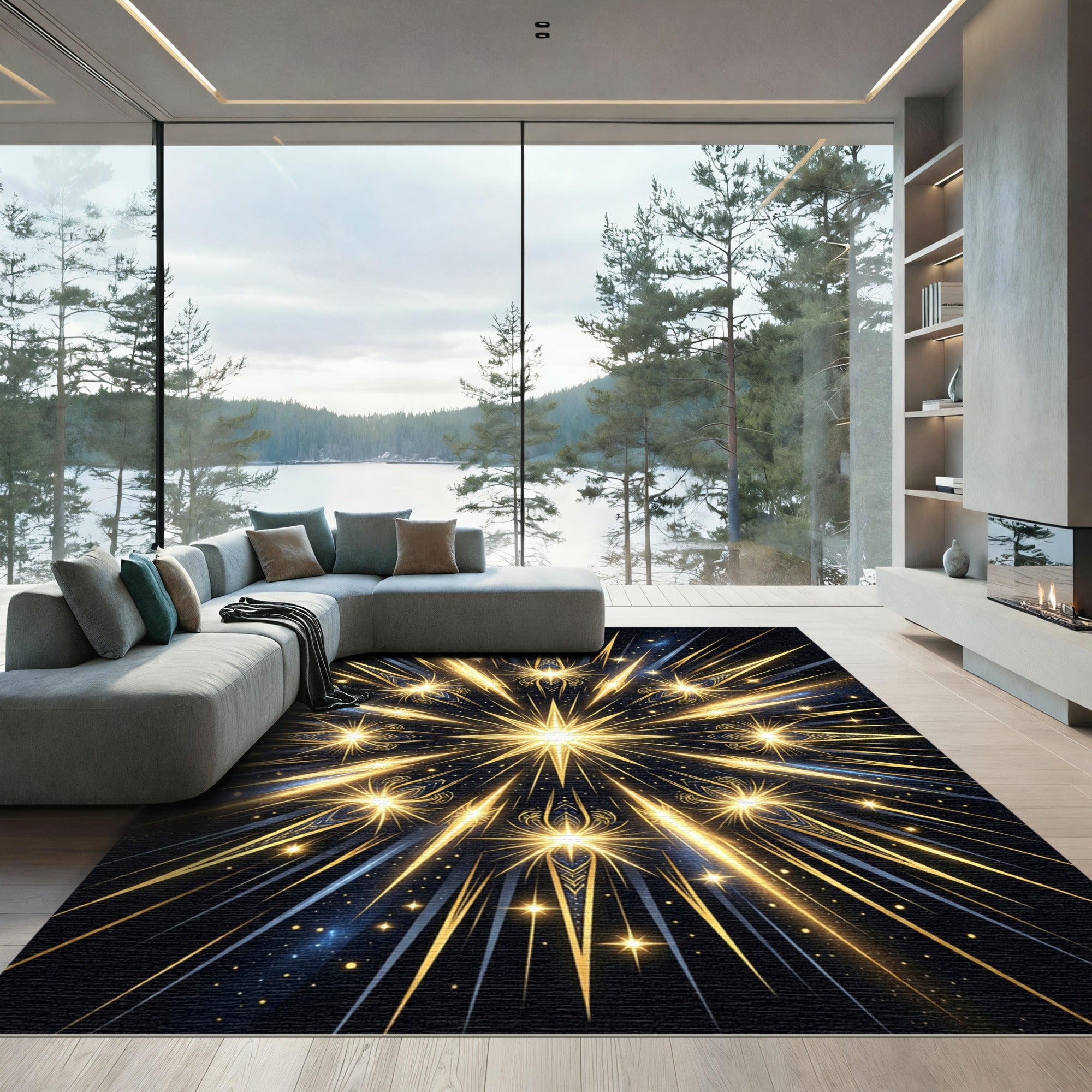 Celestial Golden Starburst Radial Art Rug