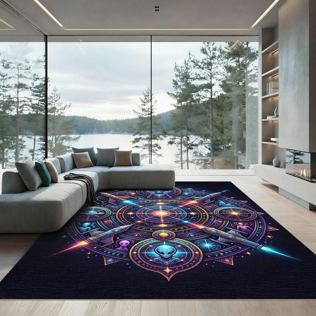 Cosmic Alien Mandalas Interstellar Rockets Rug