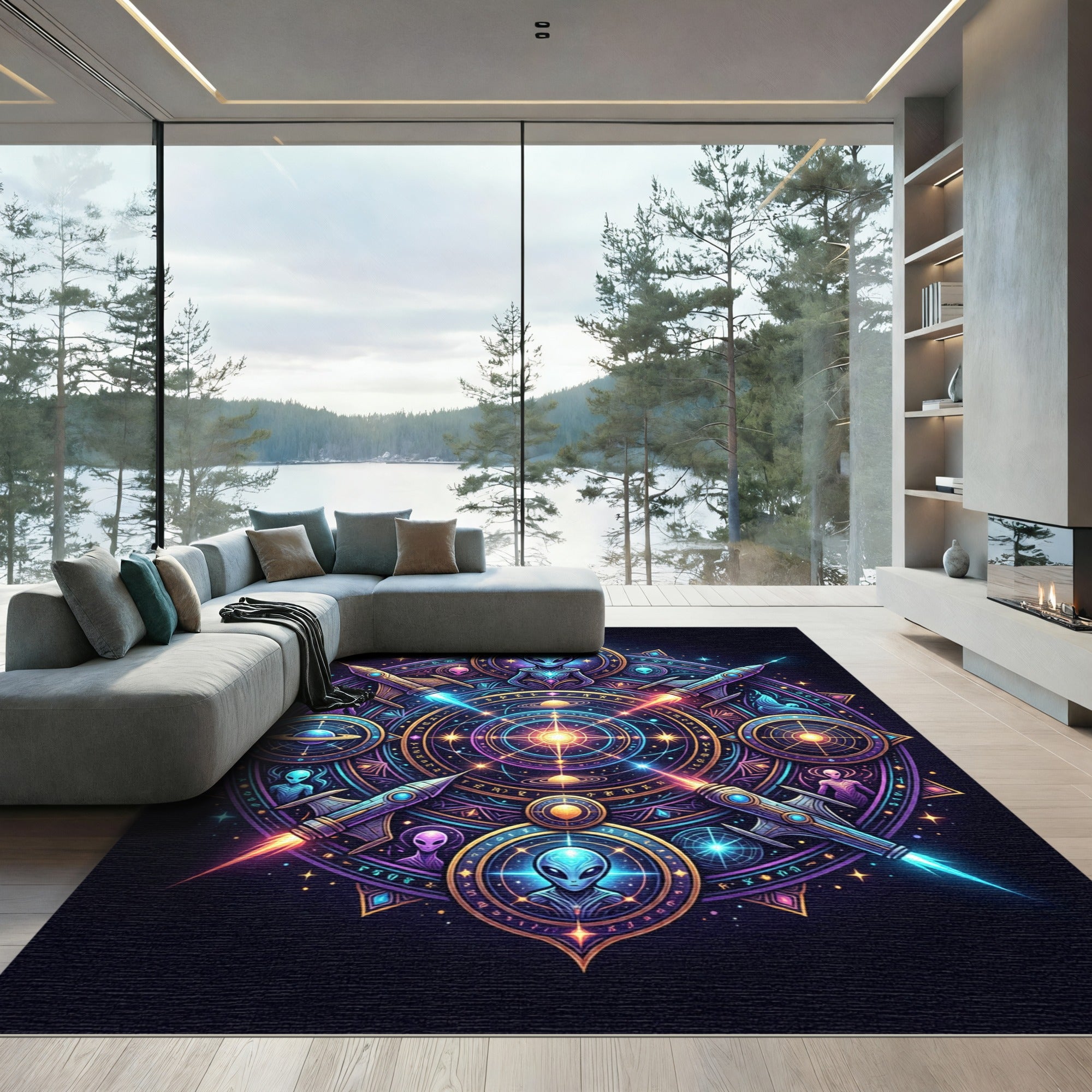 Cosmic Alien Mandalas Interstellar Rockets Rug
