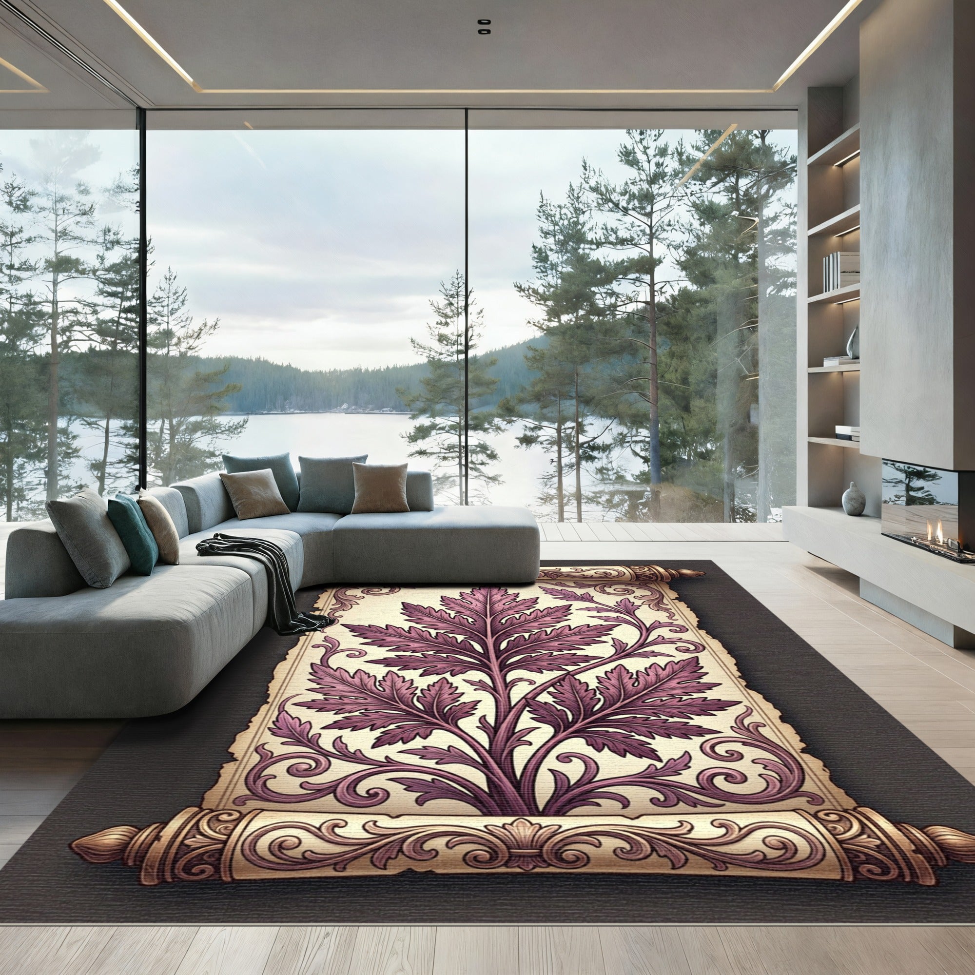 Regal Amethyst Floral Vine Scroll Rug