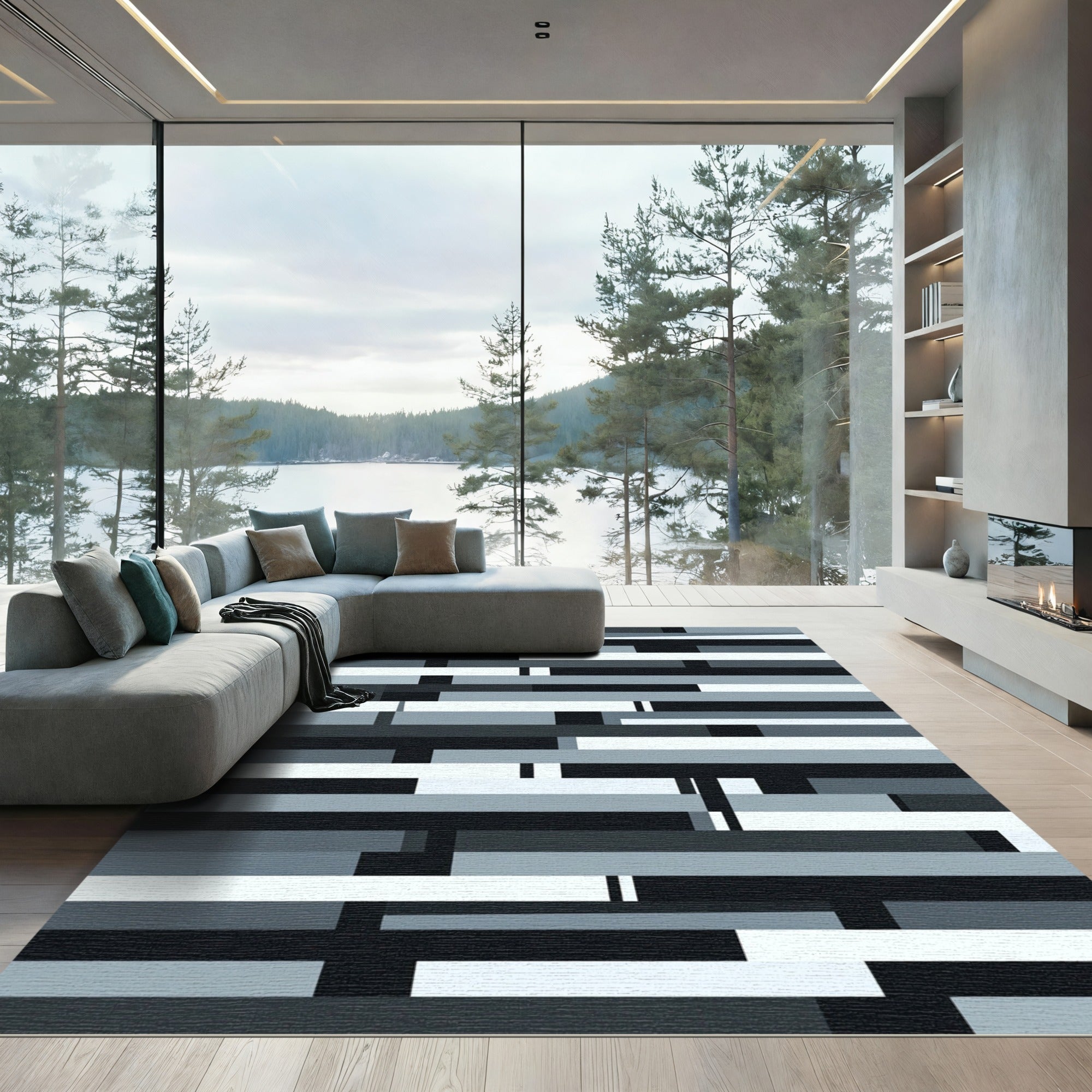 Modern Monochrome Abstract Layered Bar Rug