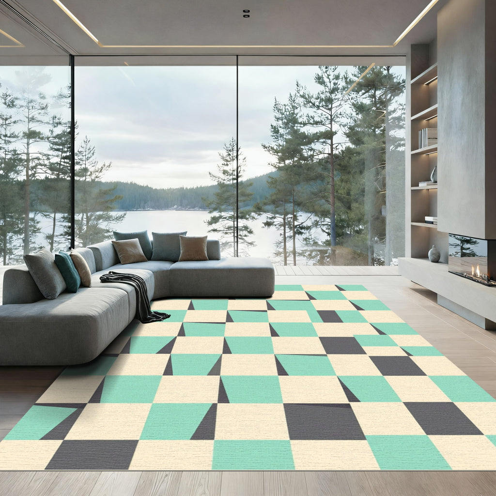 Aqua Cream Geometric Tilted Squares Rug