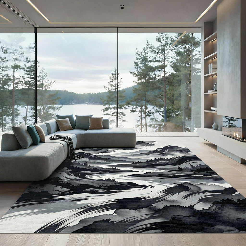 Monochrome Ink Wash Mountain River Landscape Rug