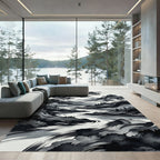 Monochrome Ink Wash Mountain River Landscape Rug